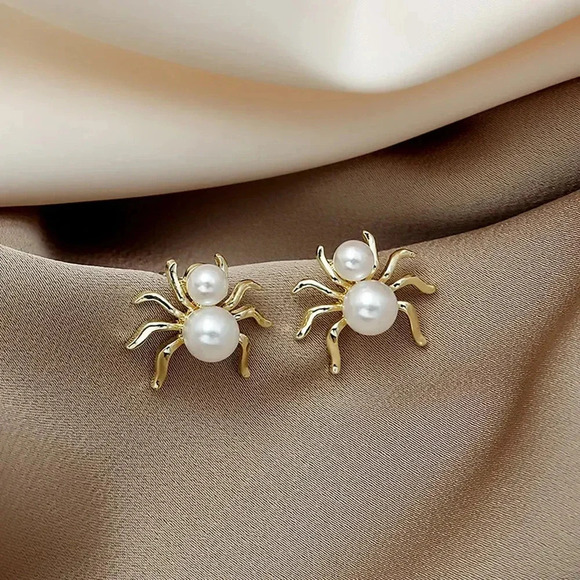 Faux Pearl Halloween Spider Earrings Personalized Creative Gold Tone - Picture 1 of 5